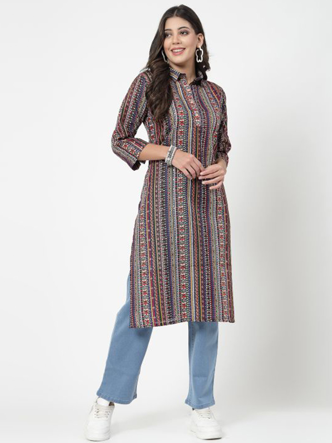 

KALINI Ethnic Motifs Printed Shirt Collar Pure Cotton Pathani Kurta, Black