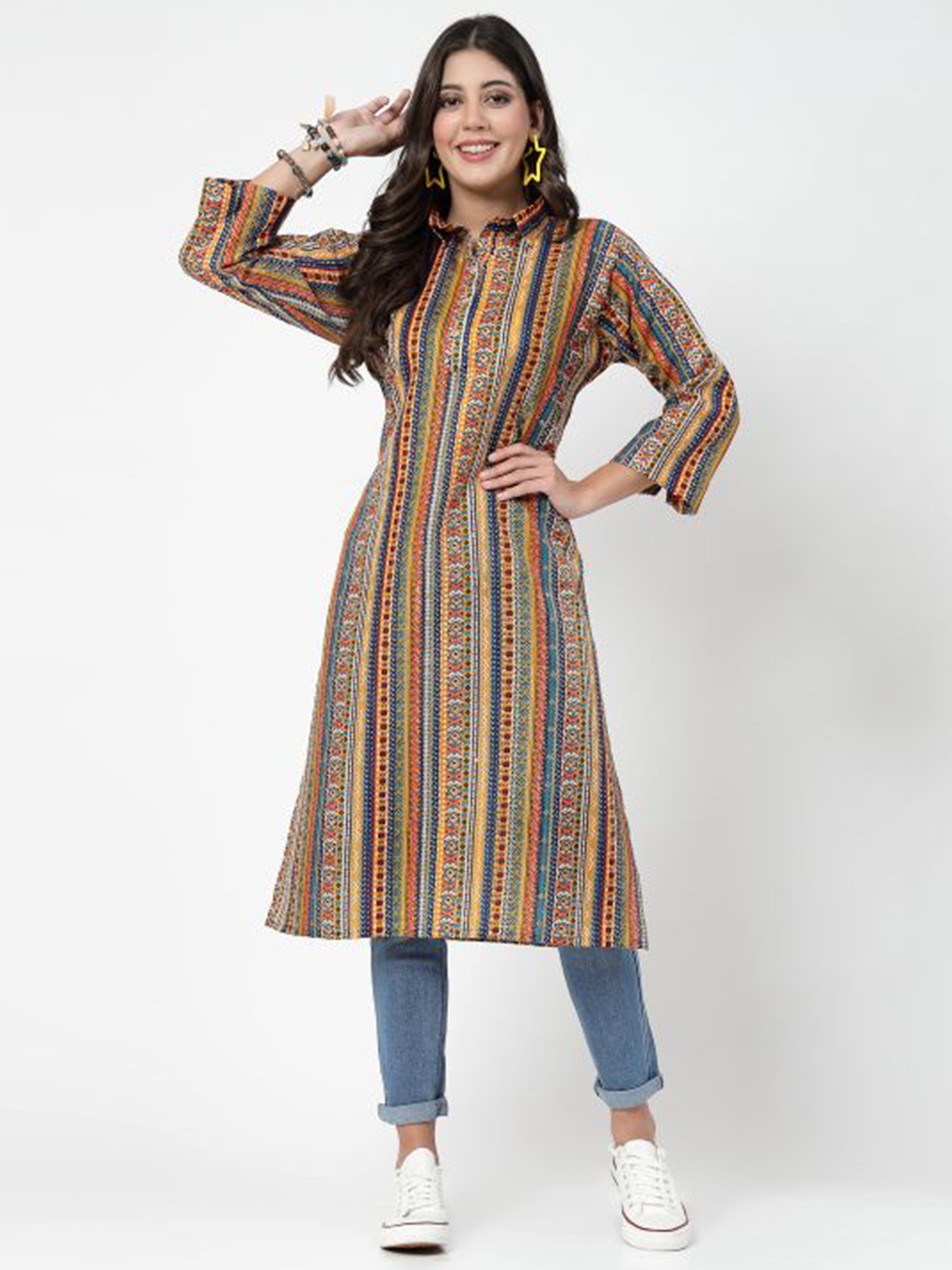 

KALINI Striped Cotton Straight Kurta, Yellow