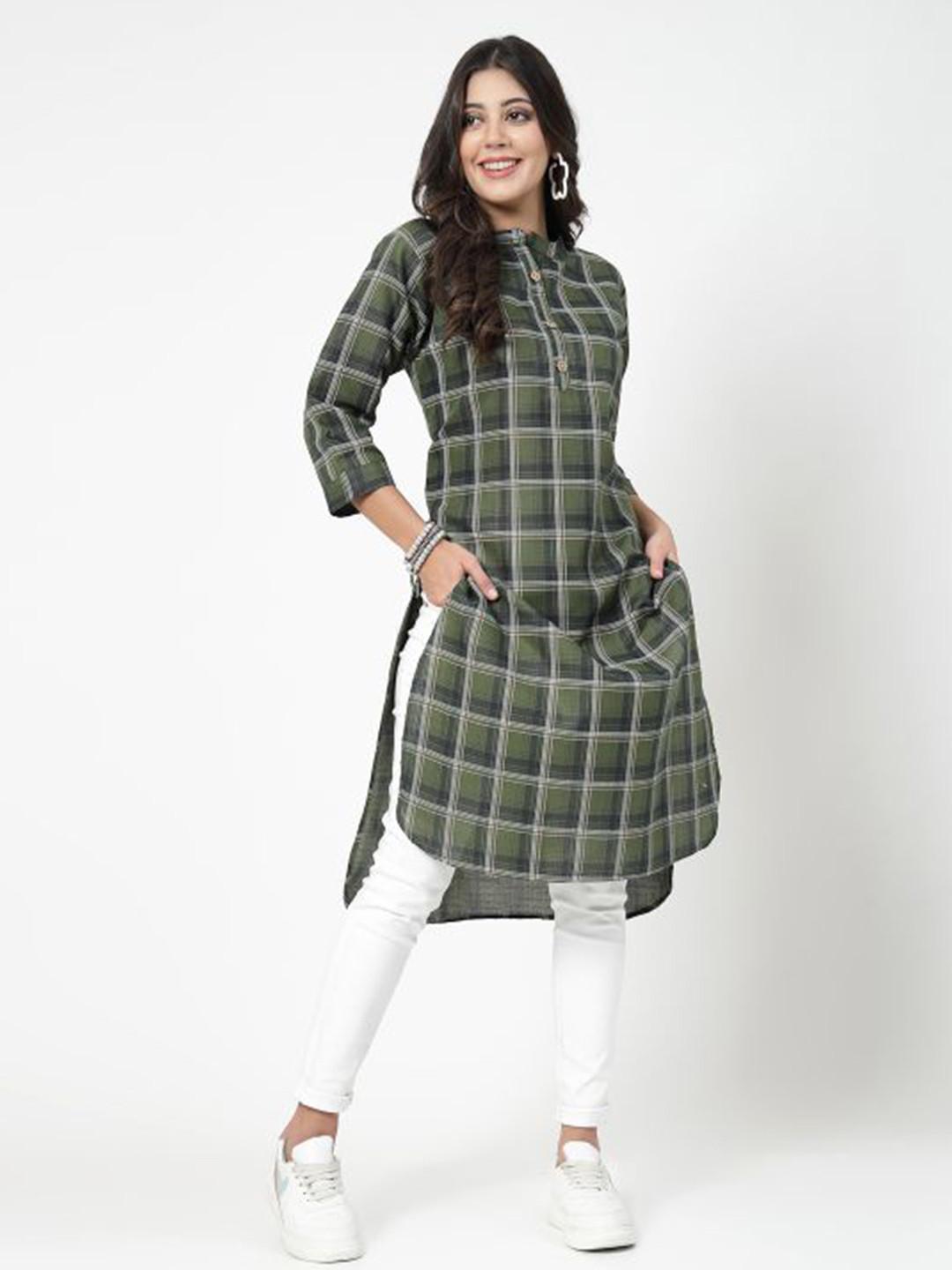 

KALINI Checked Cotton Straight Kurta, Green