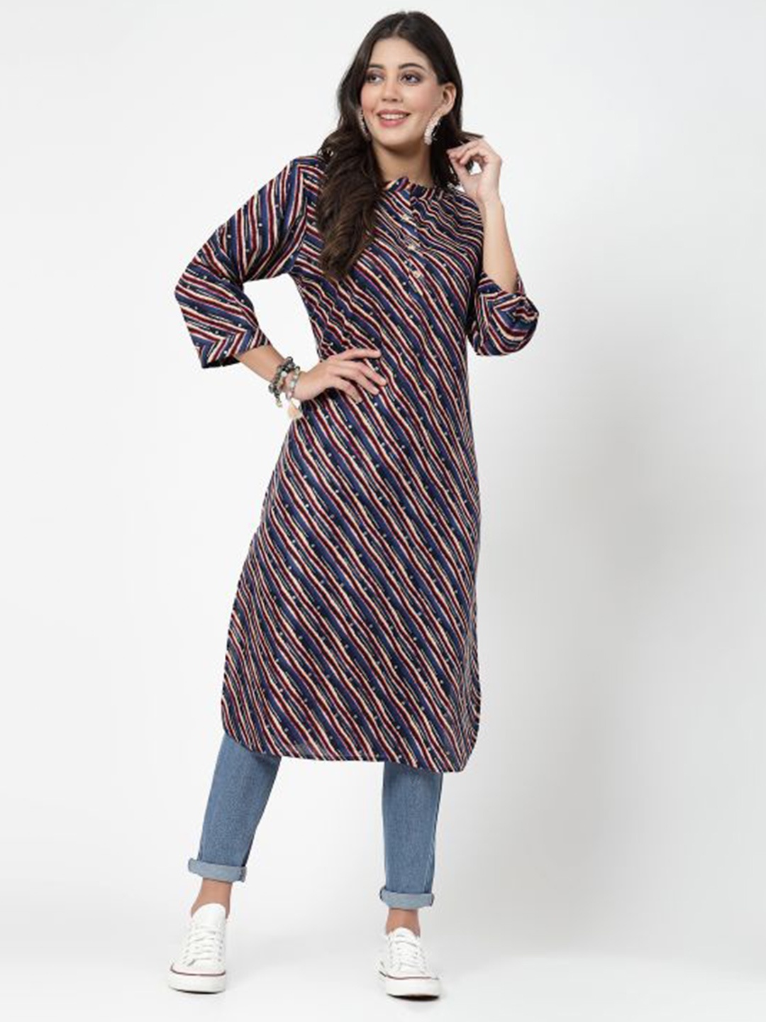KALINI Striped Mandarin Collar Pure Cotton Straight Kurta, Blue