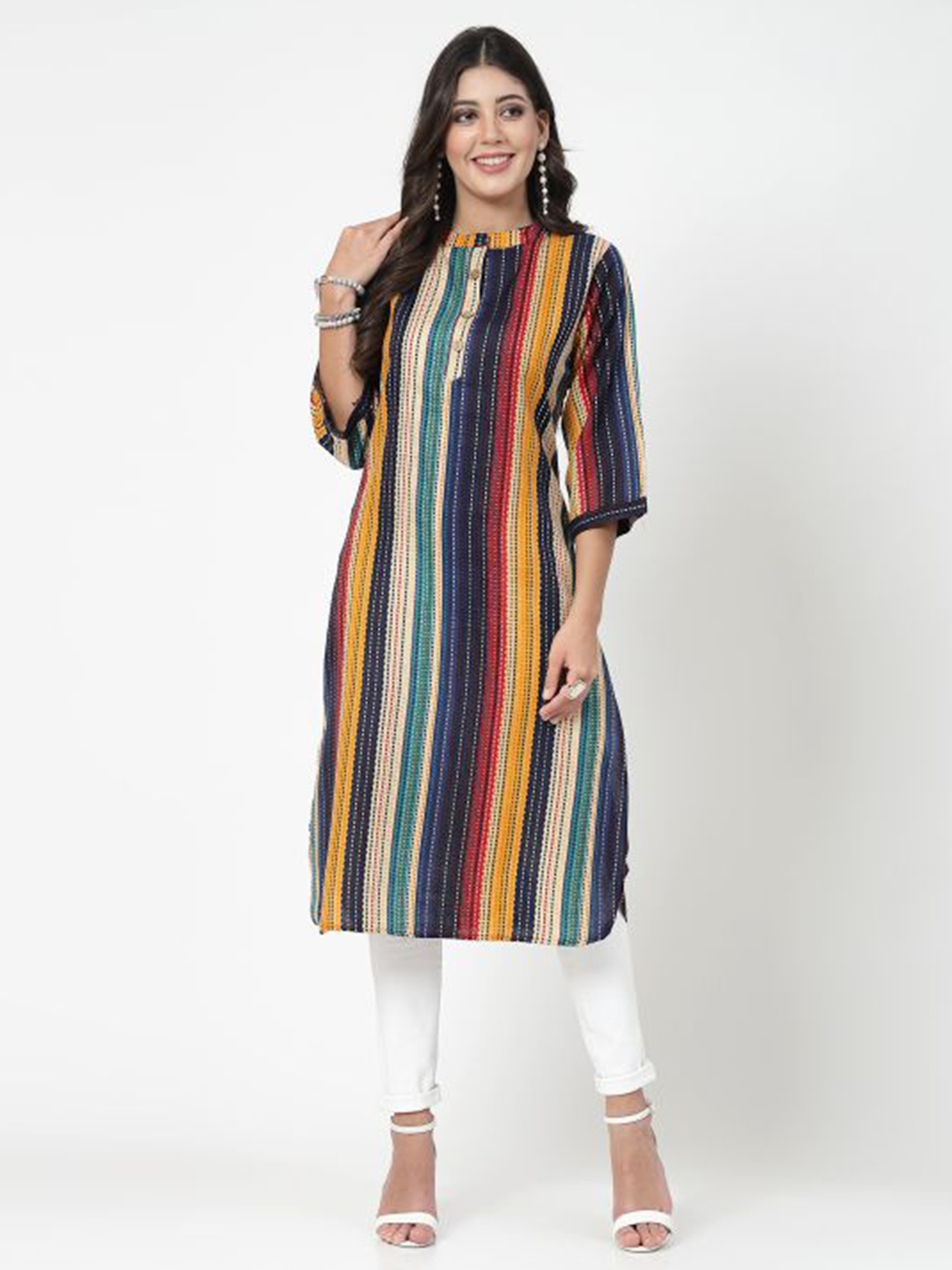 

KALINI Colourblocked Mandarin Collar Pure Cotton Straight Kurta, Blue