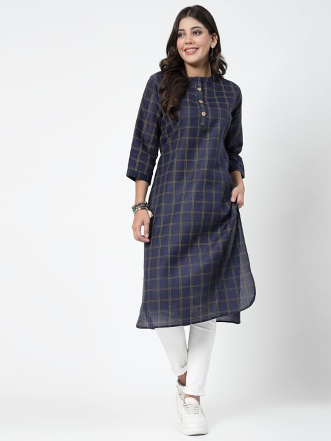 KALINI Checked Cotton Straight Kurta, Blue