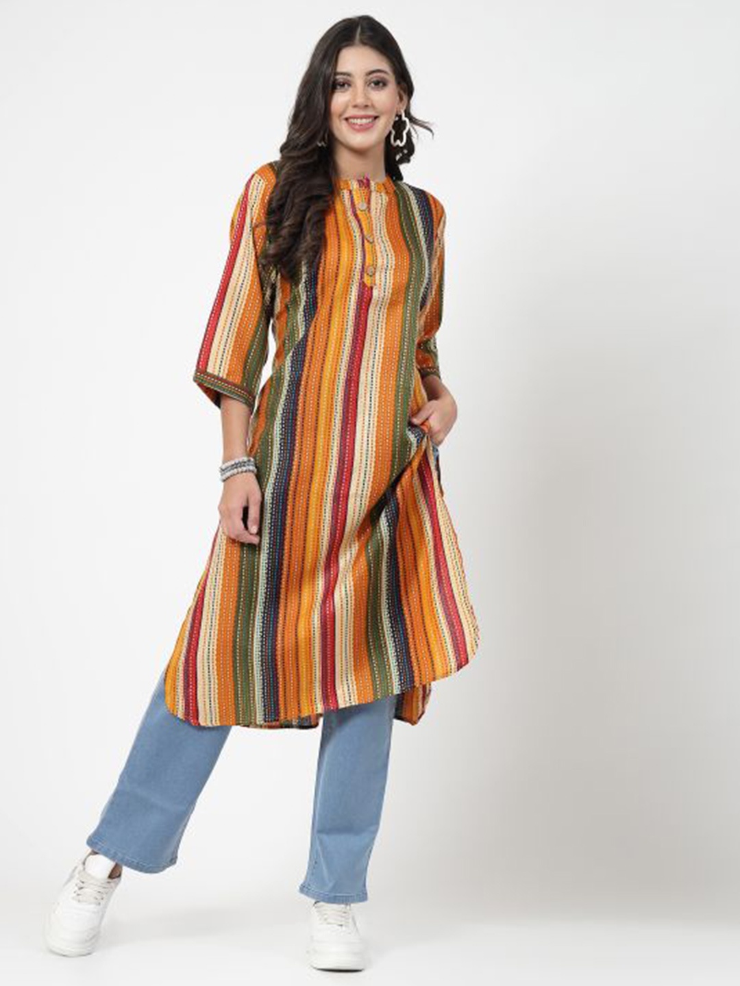 

KALINI Striped Cotton Straight Kurta, Yellow