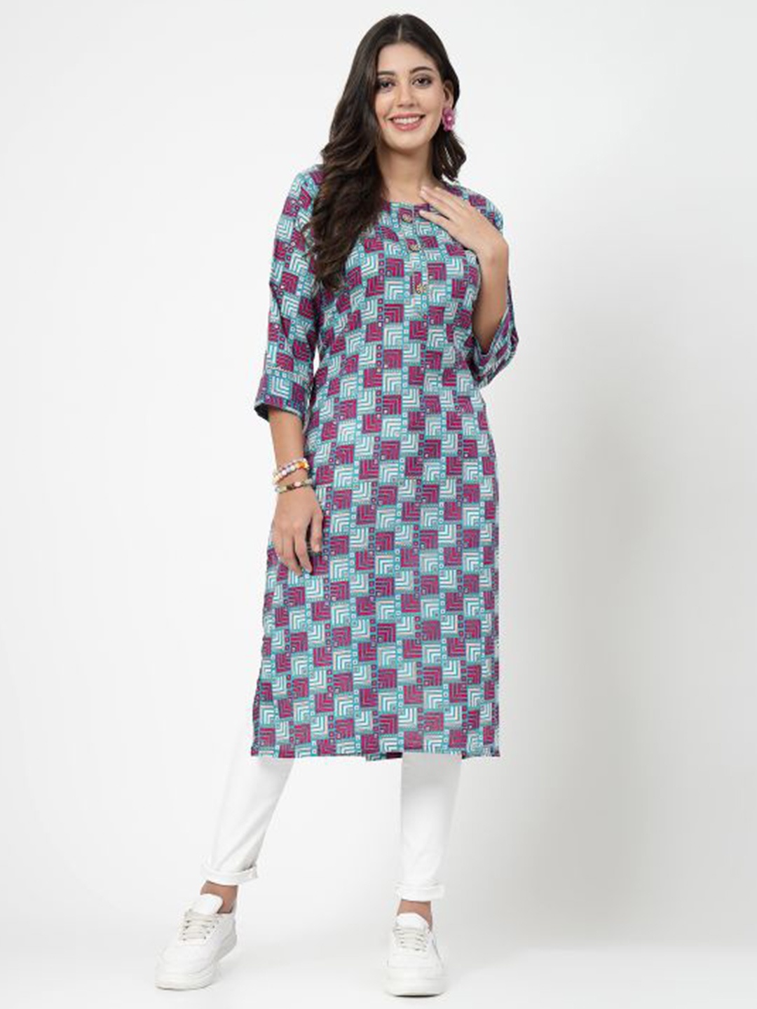 

KALINI Geometric Printed Round Neck Pure Cotton Straight Kurta, Blue