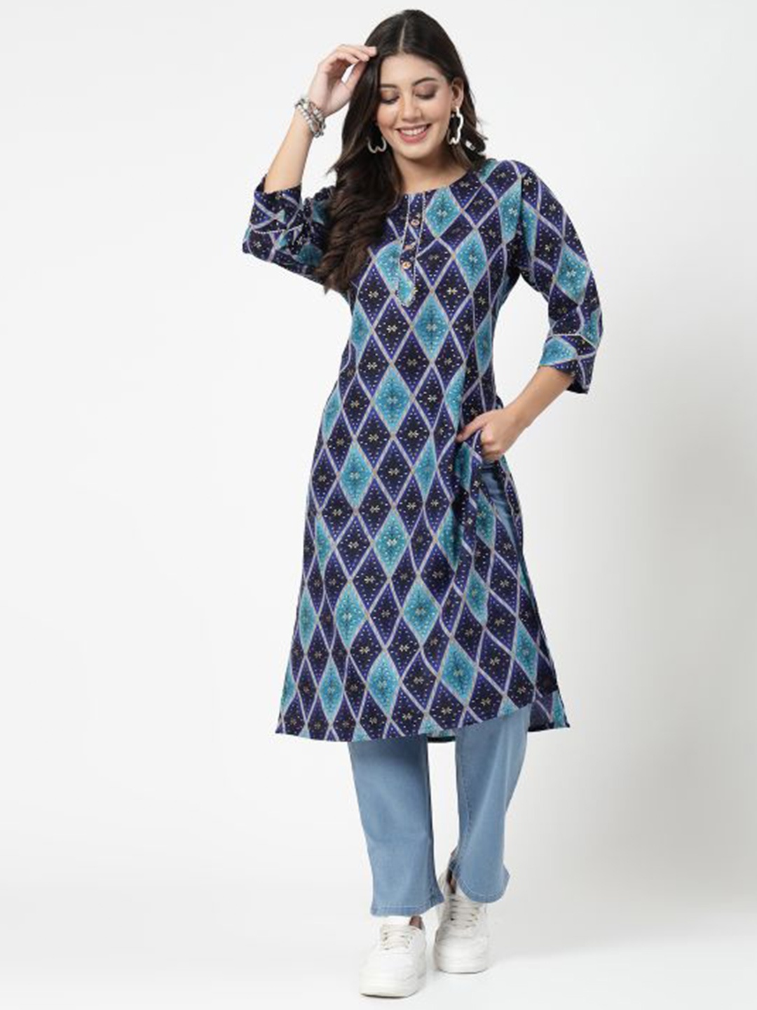 

KALINI Geometric Printed Pure Cotton Straight Kurta, Blue