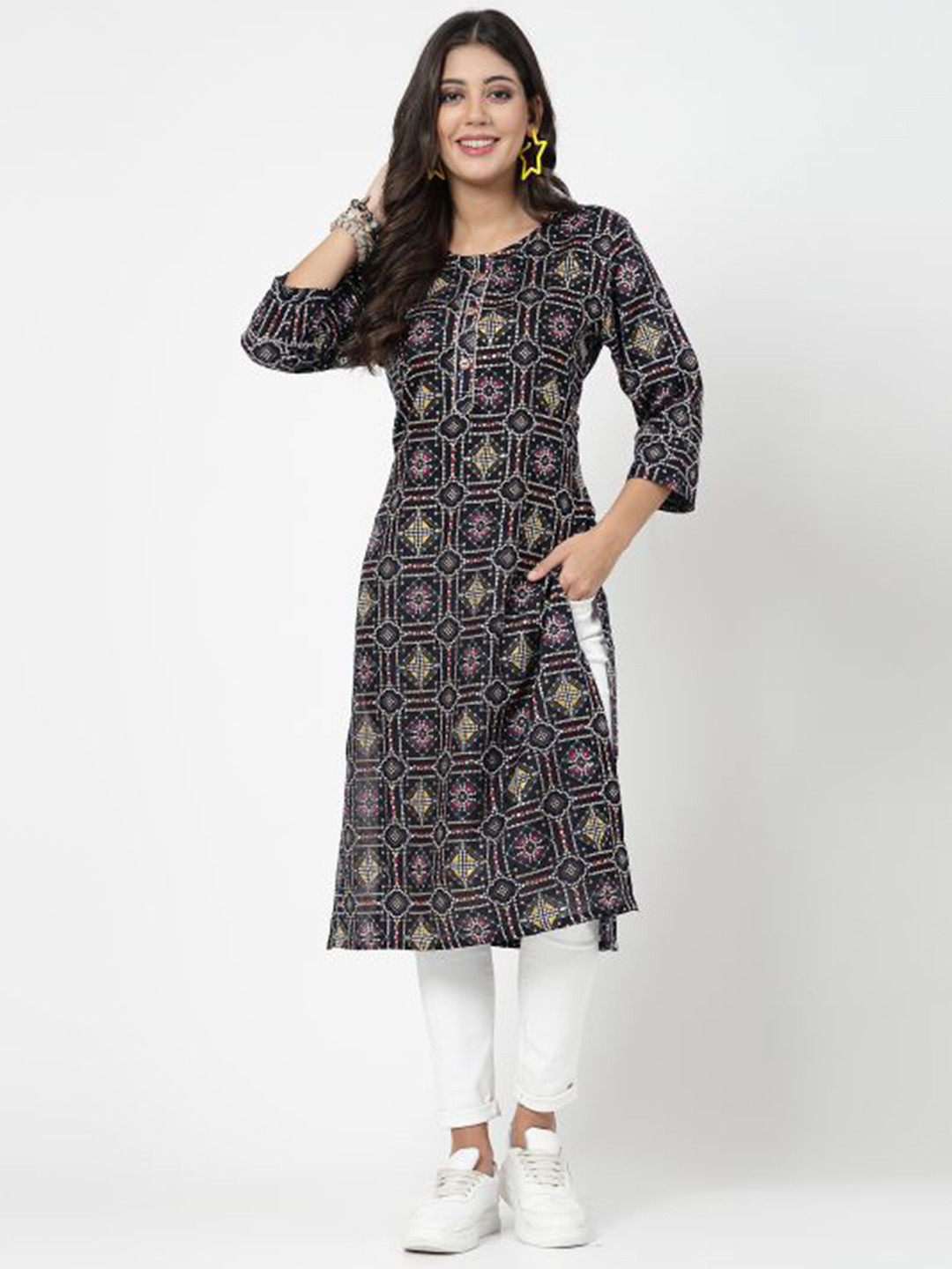 

KALINI Bandhani Ethnic Motifs Printed Round Neck Pure Cotton Straight Kurta, Blue
