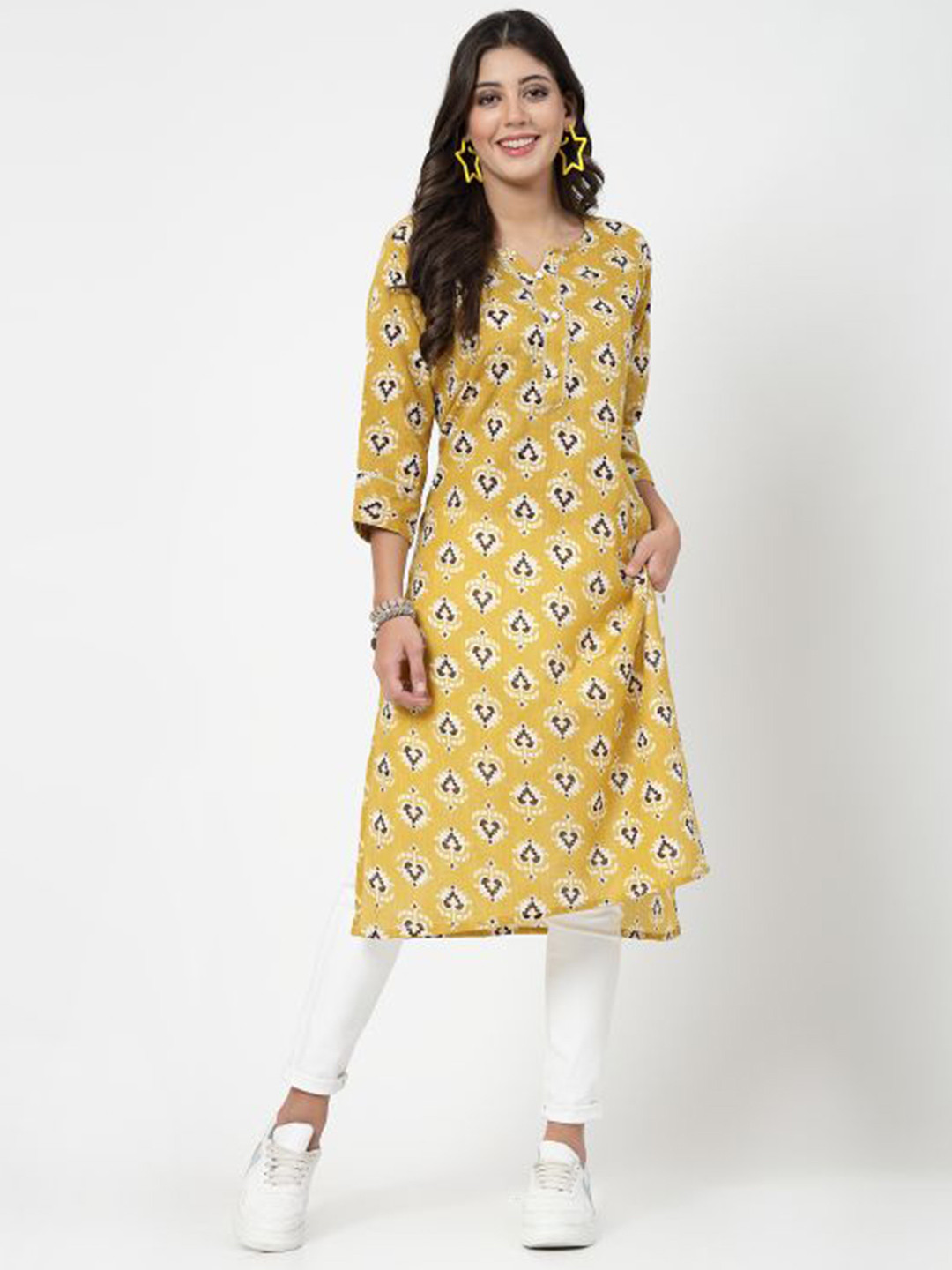 

KALINI Ethnic Motifs Printed Round Neck Pure Cotton Straight Kurta, Yellow