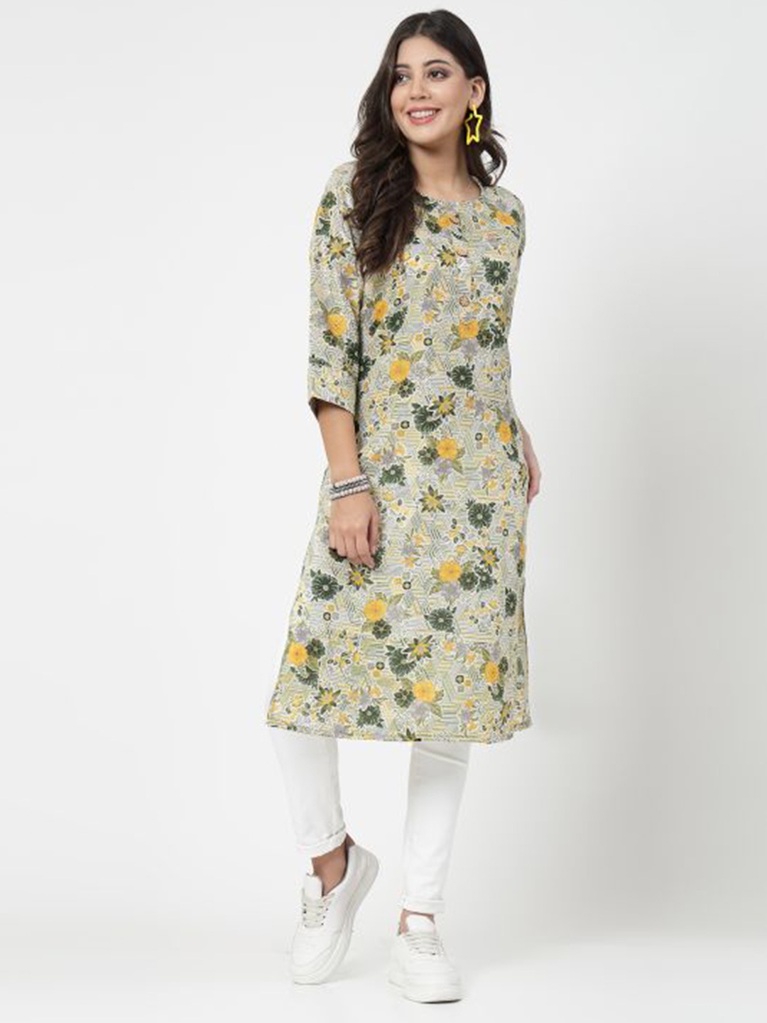 

KALINI Floral Printed Pure Cotton Straight Kurta, Green
