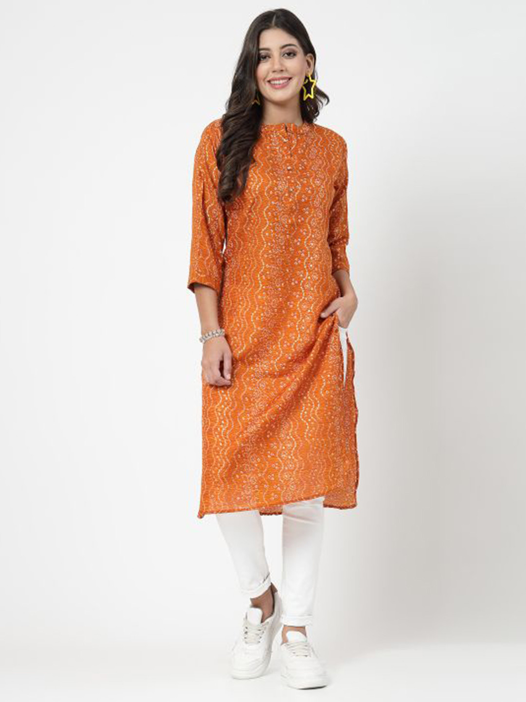 

KALINI Bandhani Ethnic Motifs Printed Mandarin Collar Pure Cotton Straight Kurta, Orange