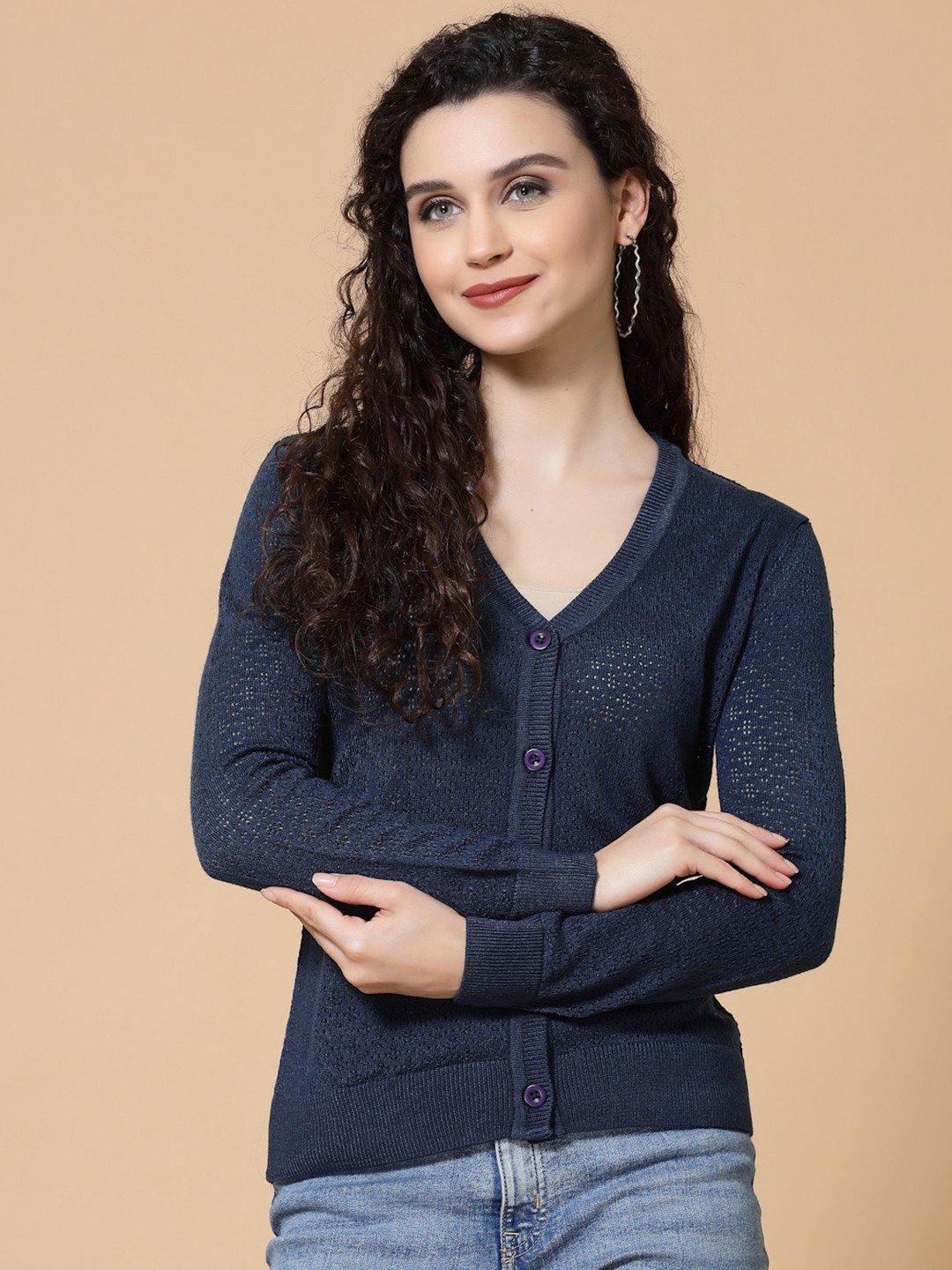 

DressBerry Blue Open Knit V-Neck Acrylic Cardigan