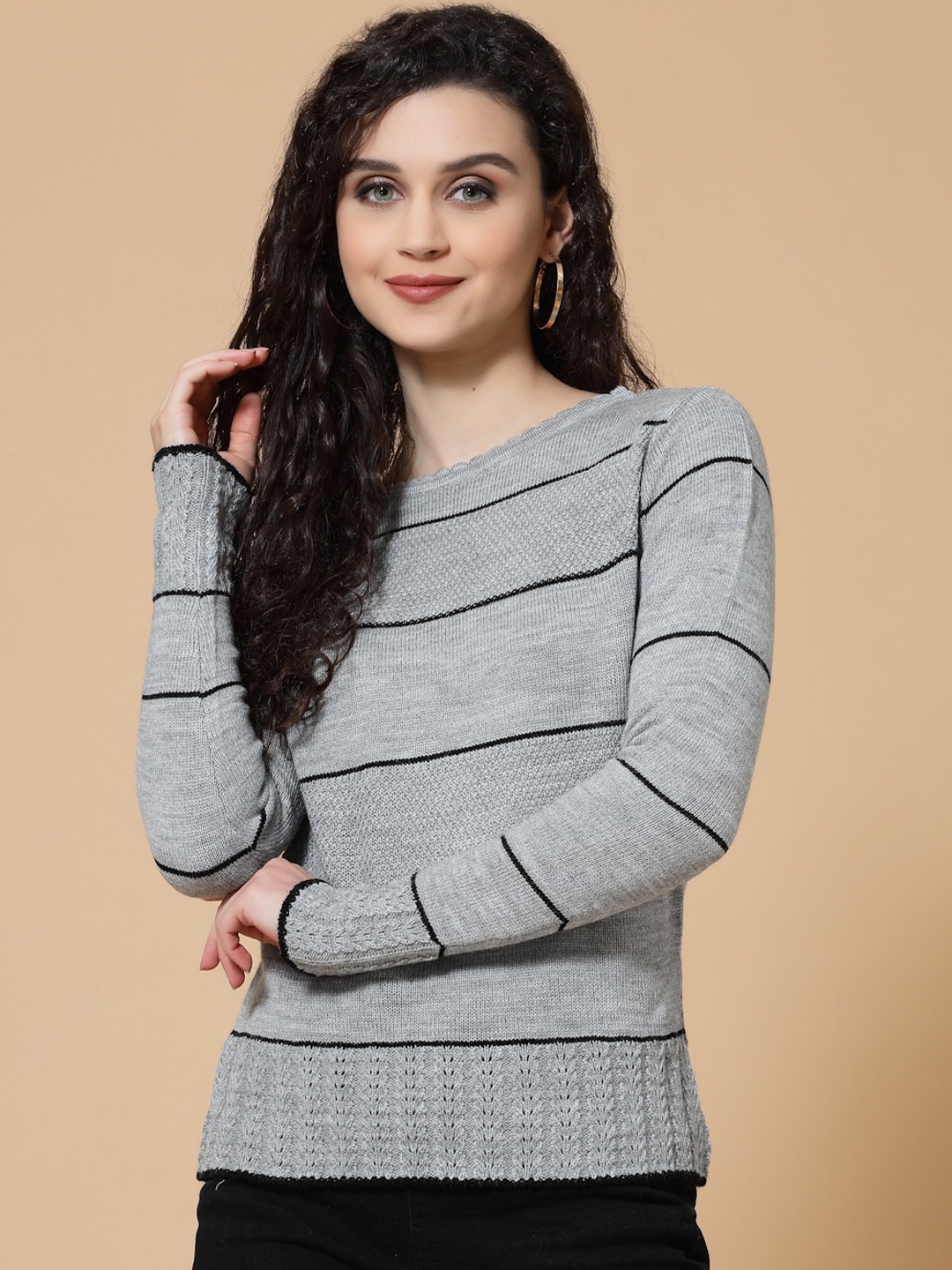 

DressBerry Grey & Black Striped Acrylic Pullover