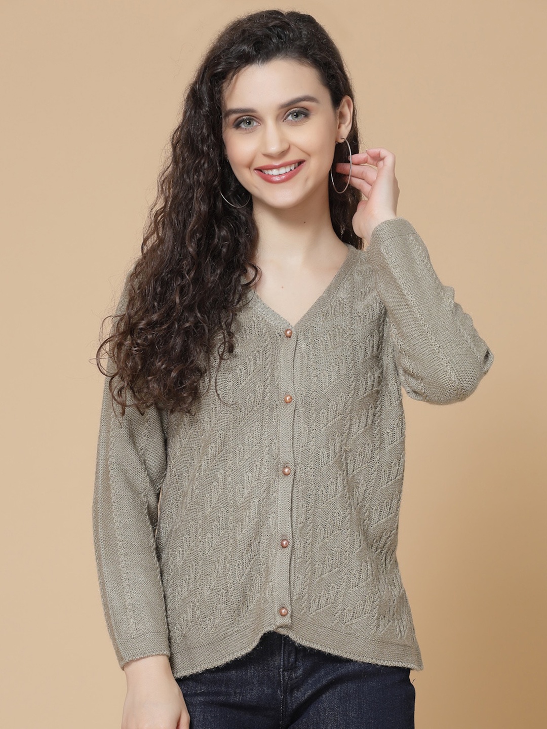 

DressBerry Camel Brown Self Design V-Neck Acrylic Cardigan