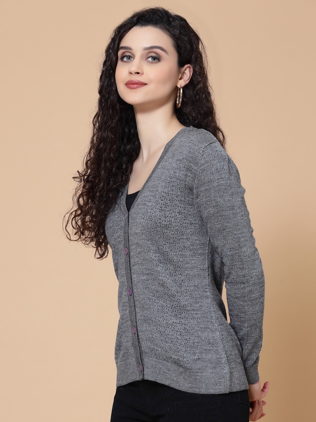 

DressBerry Camel Brown Self Design V-Neck Acrylic Cardigan, Grey