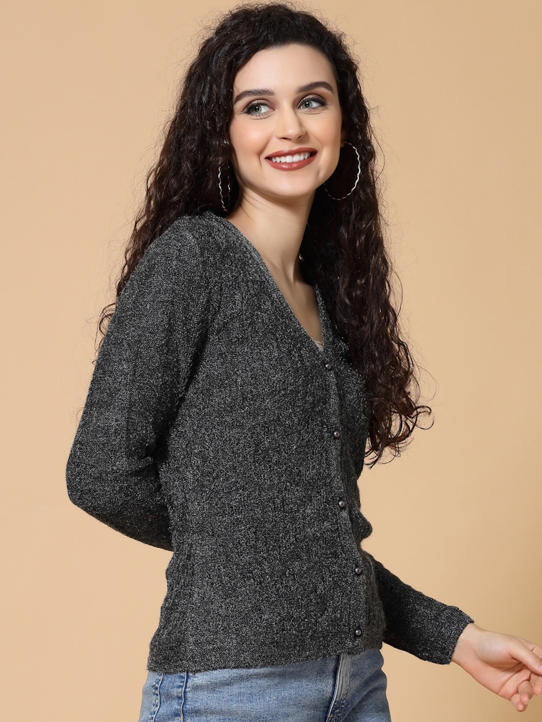 

DressBerry Black Boucle Self Design V-Neck Acrylic Cardigan