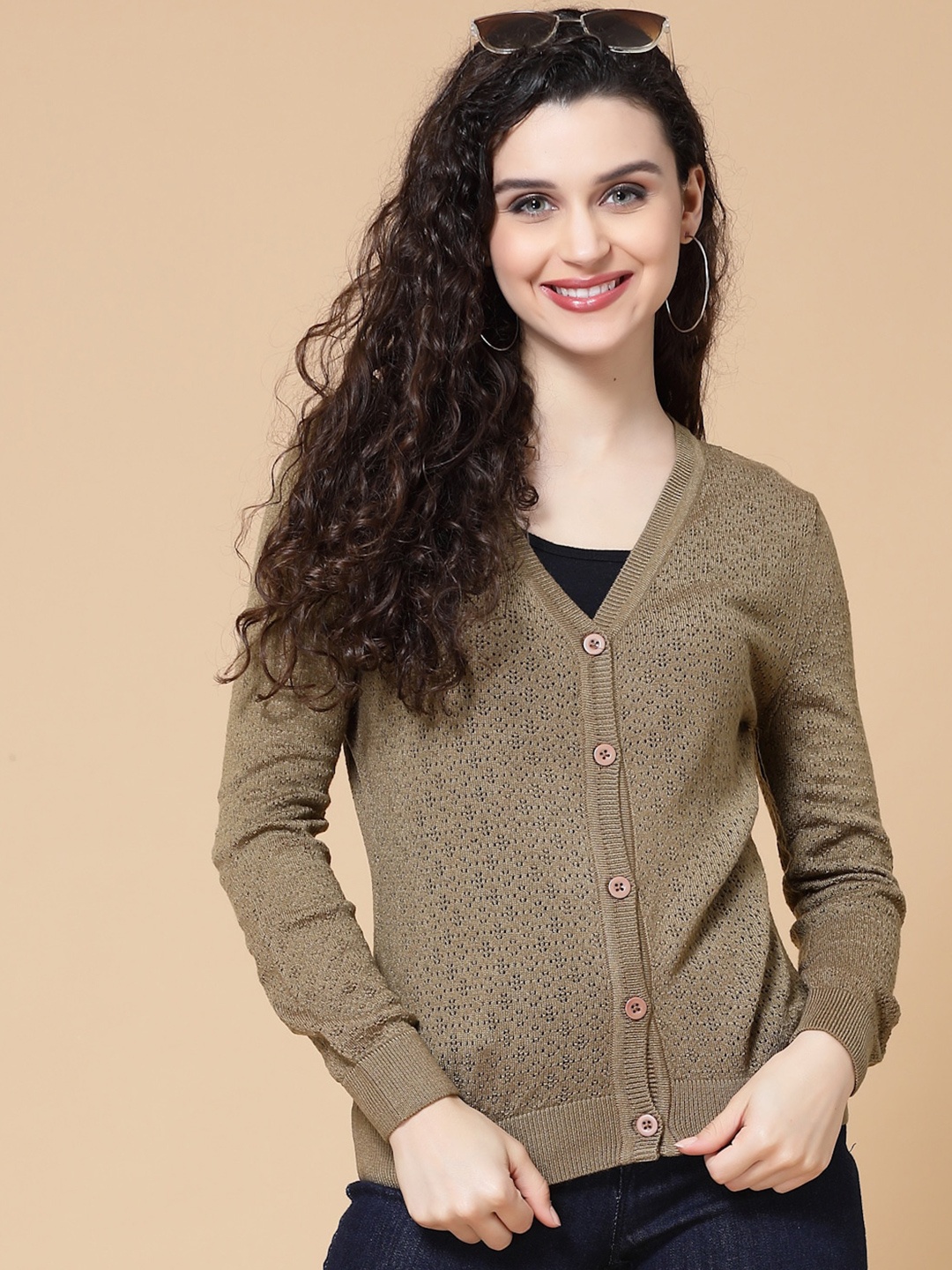 

DressBerry Camel Brown Self Design V-Neck Acrylic Cardigan