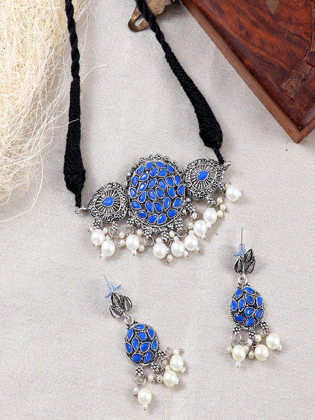 

UNIVERSITY TRENDZ Oxidised Stone-Studded & Beaded Jewellery Set, Silver
