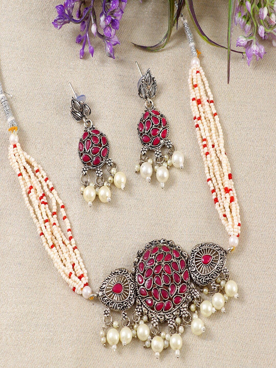 

UNIVERSITY TRENDZ Oxidised Stone-Studded & Pearl Beaded Jewellery Set, Silver