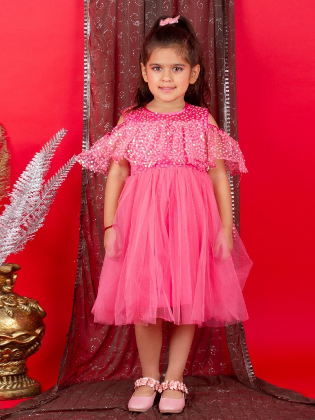 

Bella Moda Girls Sequinned Embellished Flared Sleeve Satin Fit & Flare Dress, Pink