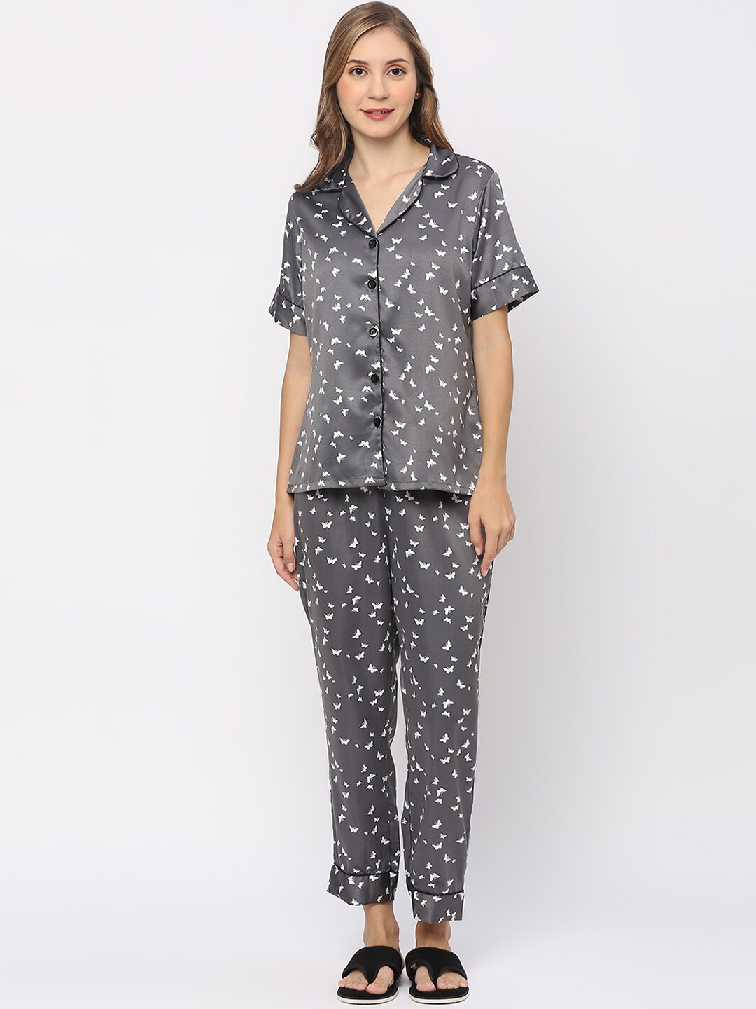 Smarty Pants Printed Satin Night suit, Grey
