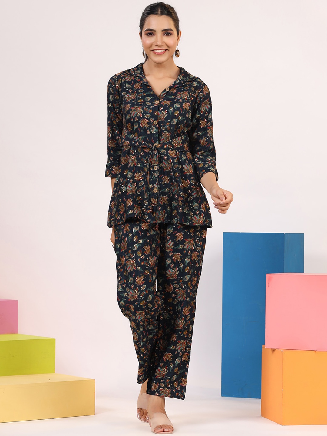 

Rangeelo Ethnic Motifs Printed Shirt & Trousers Co-Ords, Blue