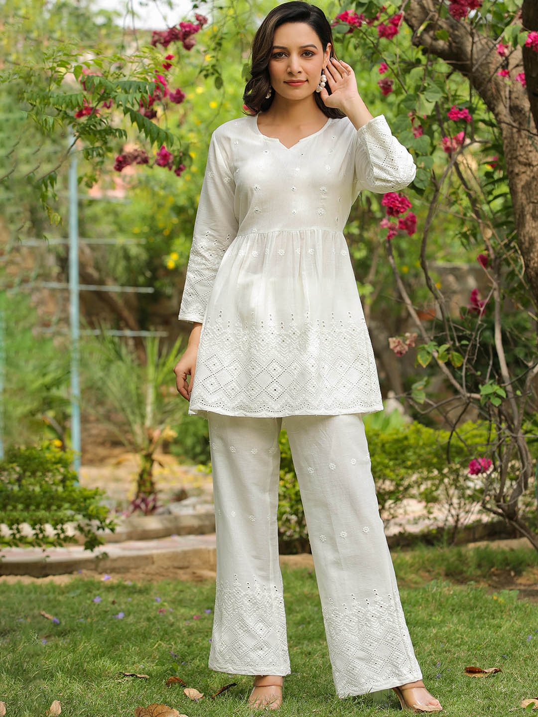 

Rangeelo Floral Embroidered Schiffli Cotton A-line Kurti With Trousers Set, White