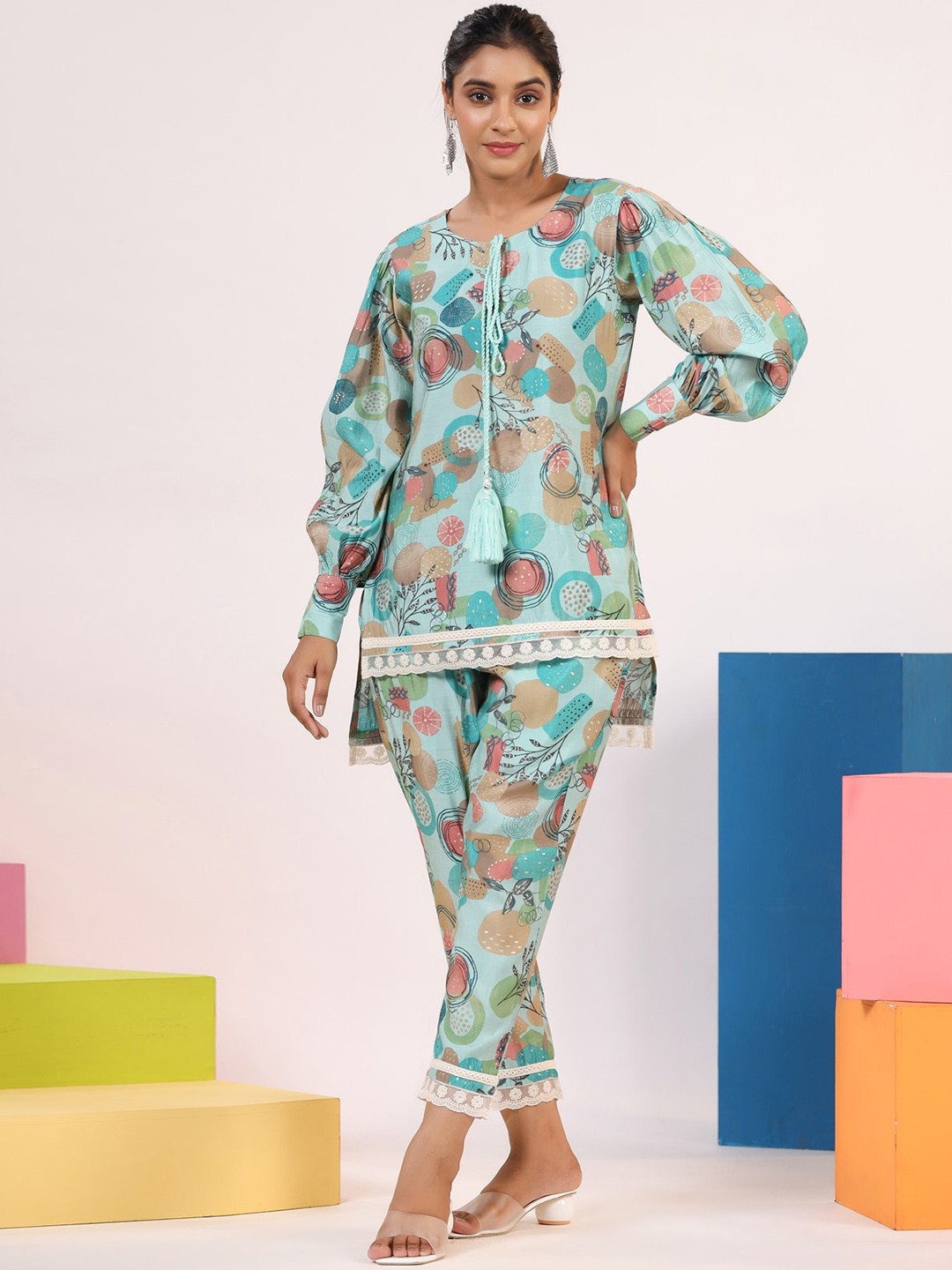 

Rangeelo Printed Tunic With Trousers, Blue