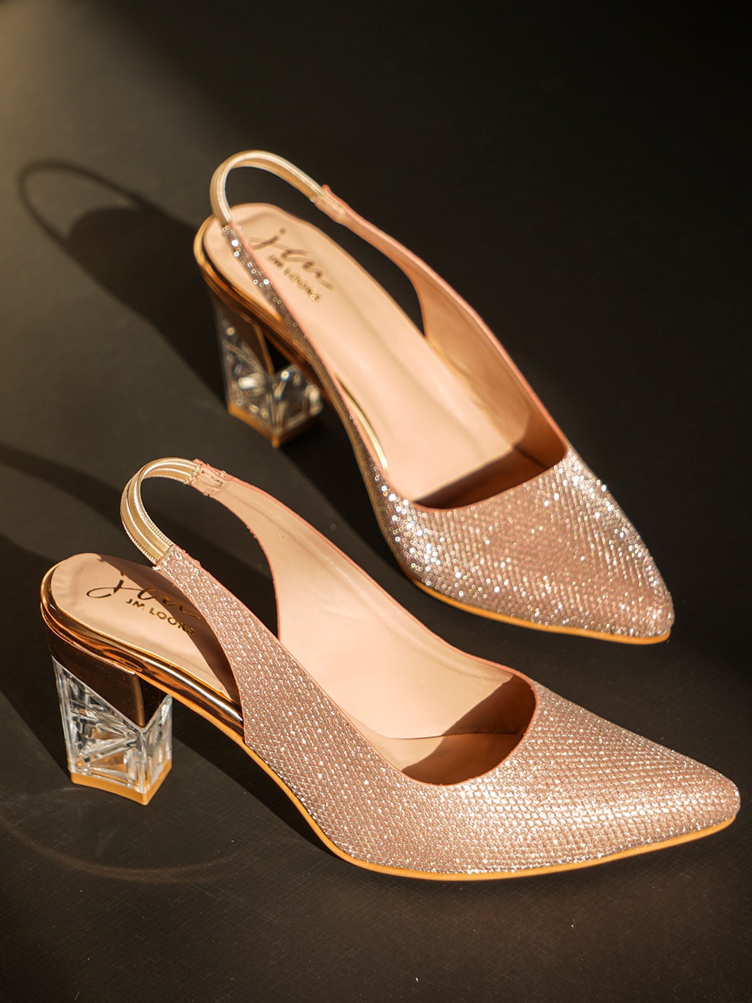 

JM Looks Embellished Block Pumps, Gold