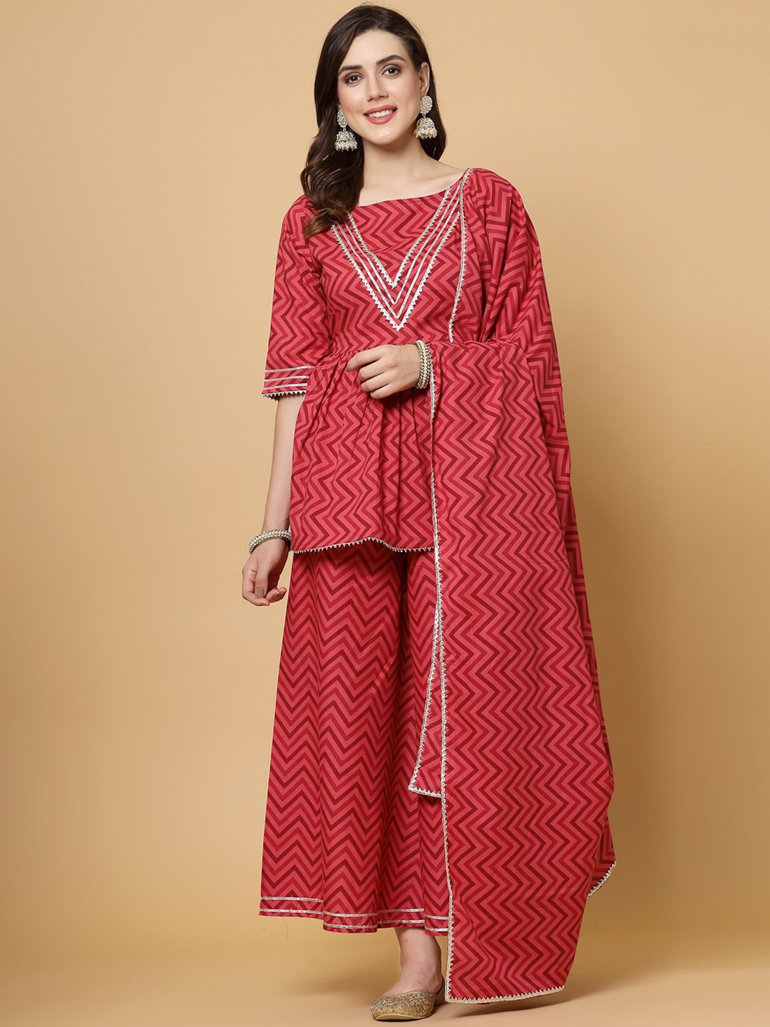 

SkyaSia Printed Pleated Gotta Patti Kurta with Palazzos & With Dupatta, Maroon