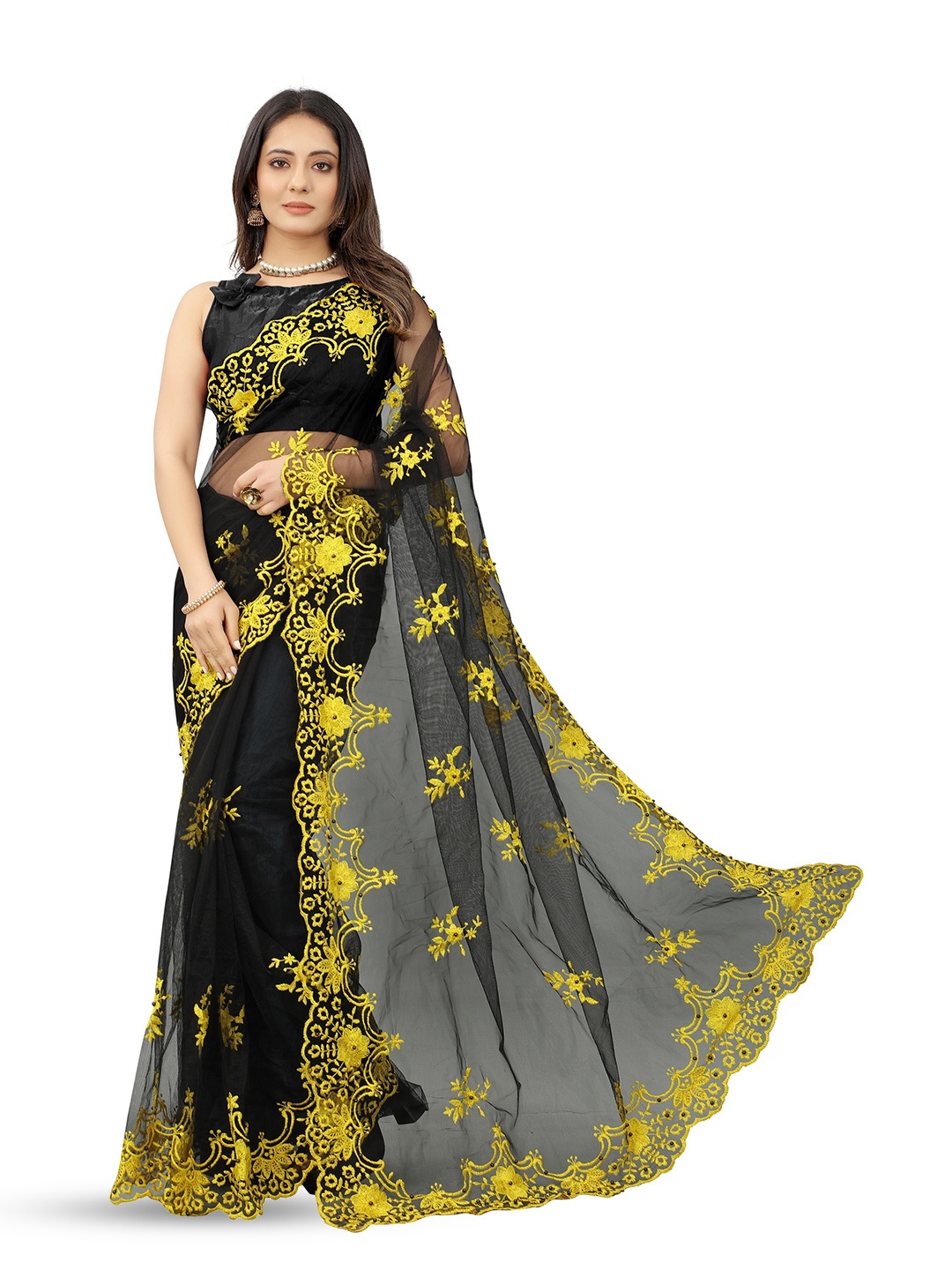 

BARKIYA CREATION Floral Embroidered Beads And Stones Net Saree, Black