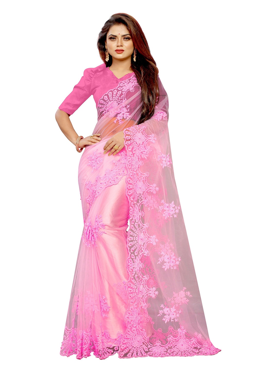 

BARKIYA CREATION Floral Embroidered Beads and Stones Net Saree, Pink