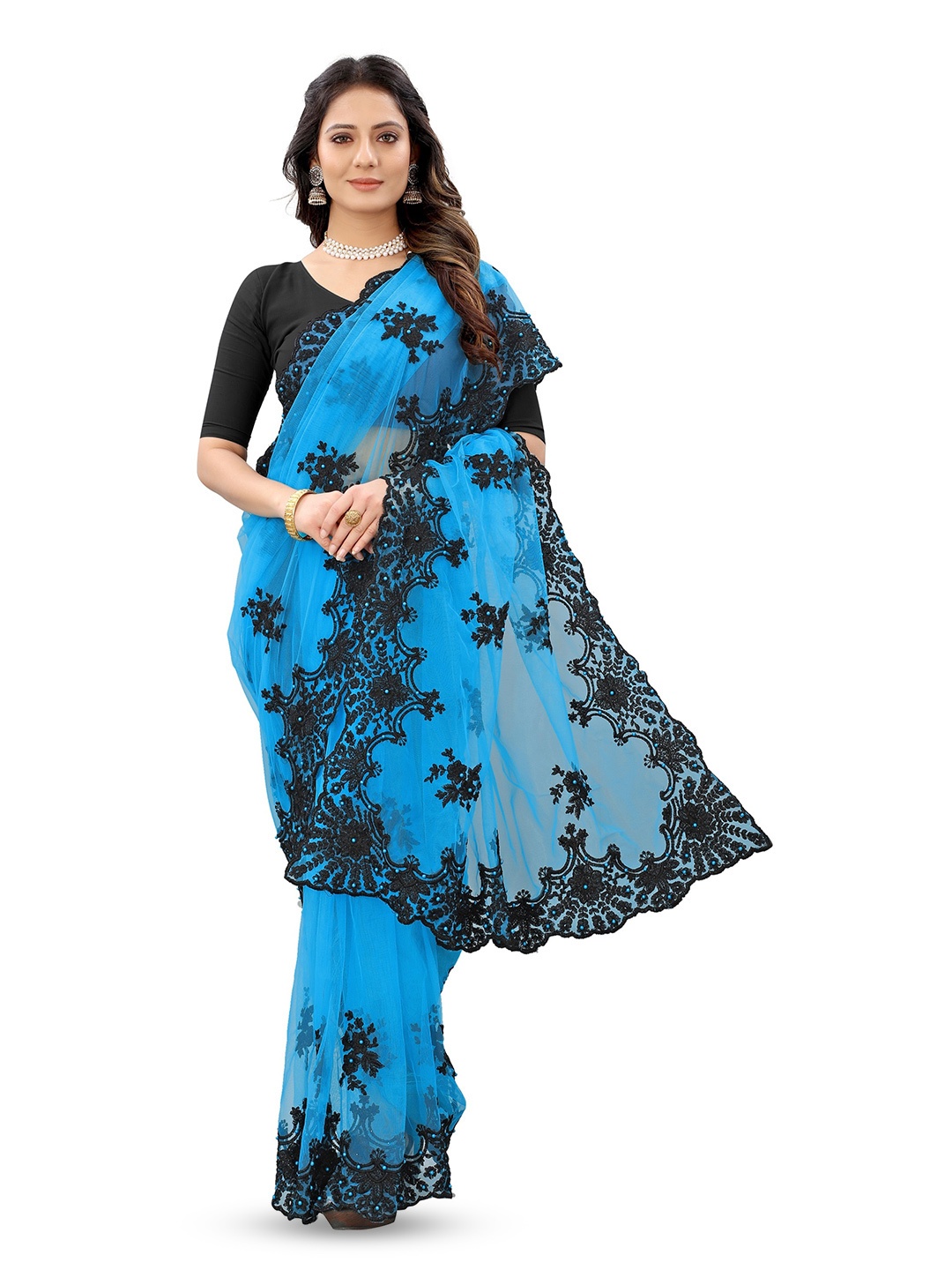 

BARKIYA CREATION Floral Embroidered Beads and Stones Net Saree, Blue