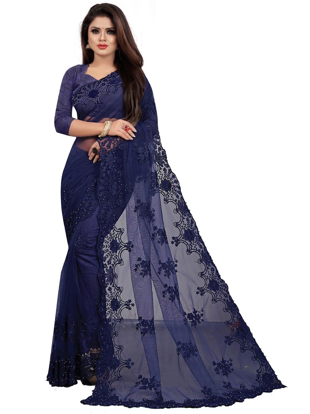 

BARKIYA CREATION Floral Embroidered Beads and Stones Net Saree, Navy blue