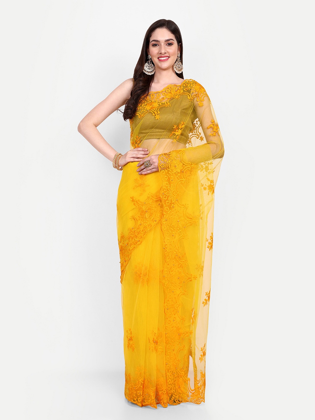 

BARKIYA CREATION Floral Embroidered Beads and Stones Net Saree, Yellow