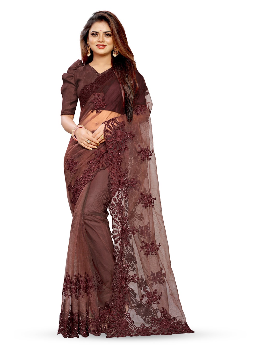 

BARKIYA CREATION Floral Embroidered Beads and Stones Net Saree, Brown