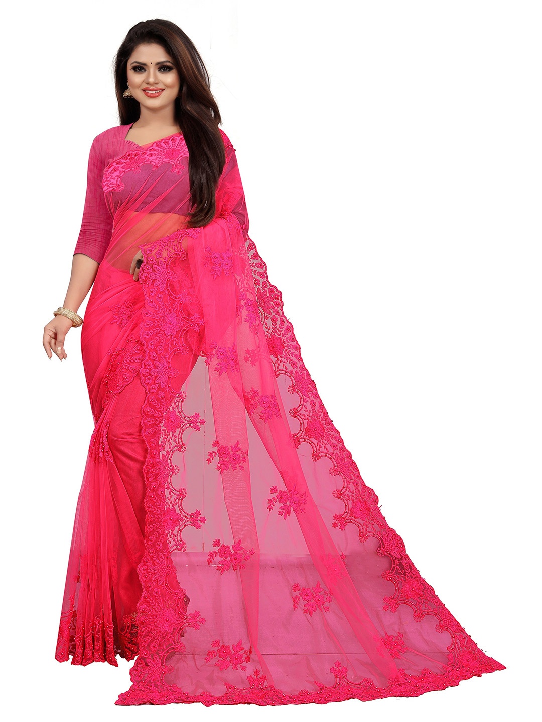 

BARKIYA CREATION Floral Embroidered Beads and Stones Net Saree, Pink
