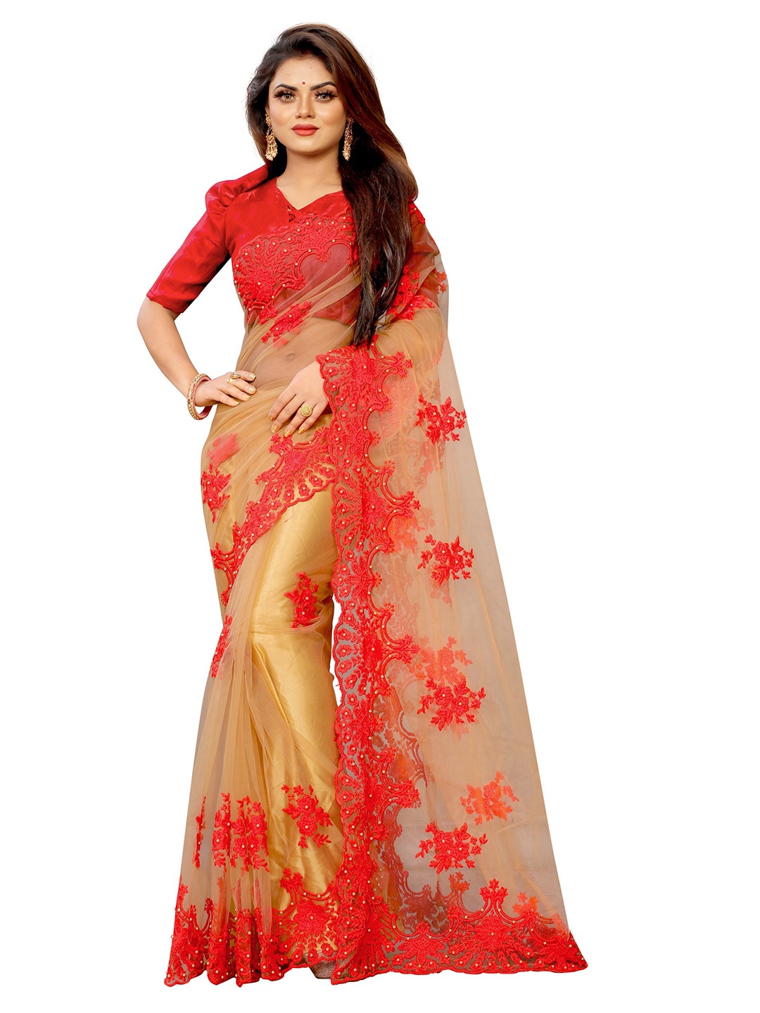 

BARKIYA CREATION Floral Embroidered Beads and Stones Net Saree, Beige