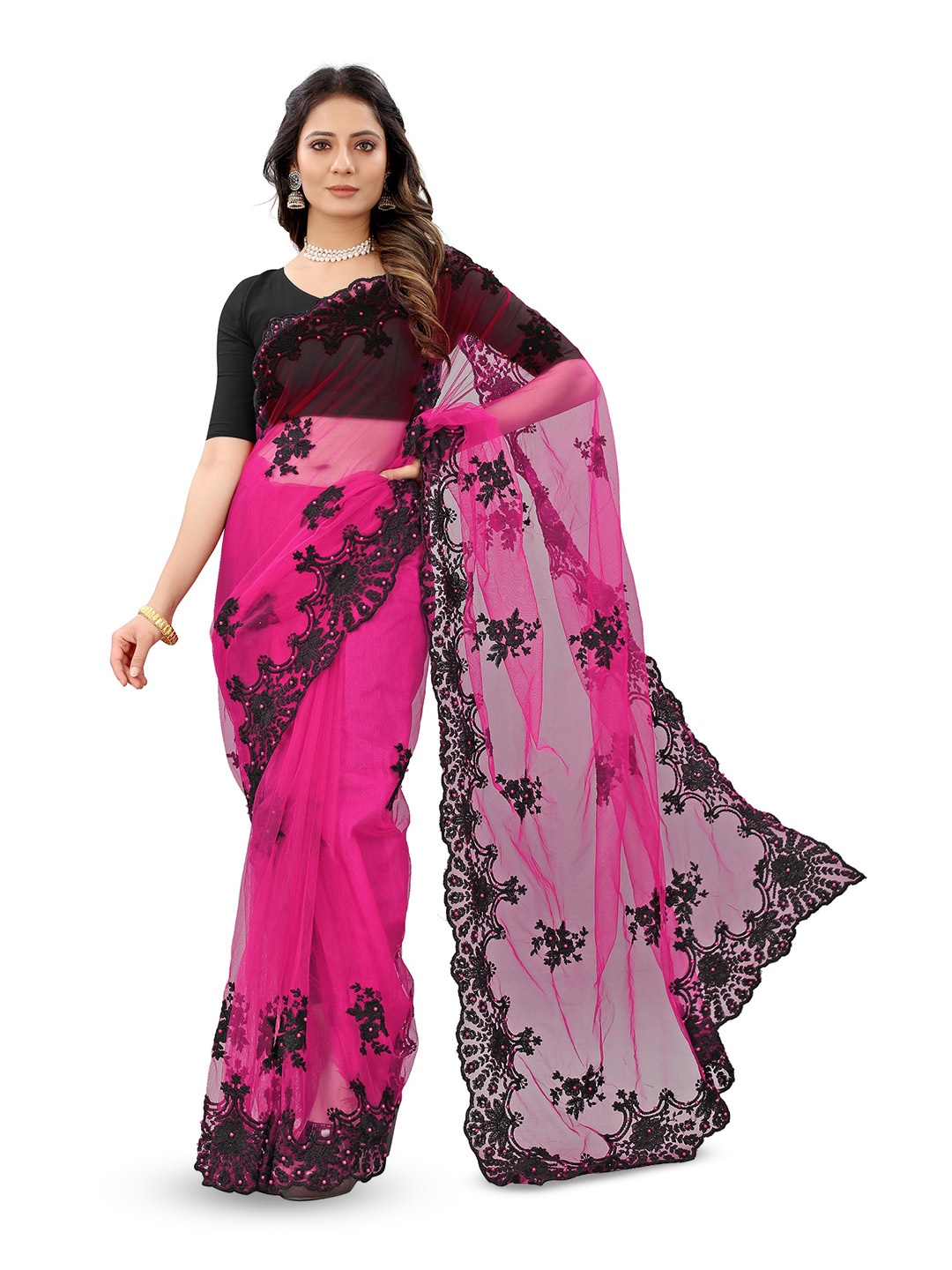 

BARKIYA CREATION Floral Embroidered Beads and Stones Net Saree, Pink