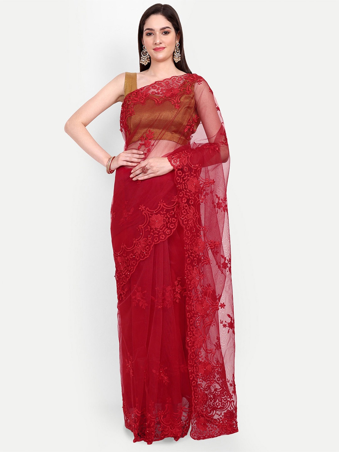 BARKIYA CREATION Floral Embroidered Beads and Stones Net Saree, Red