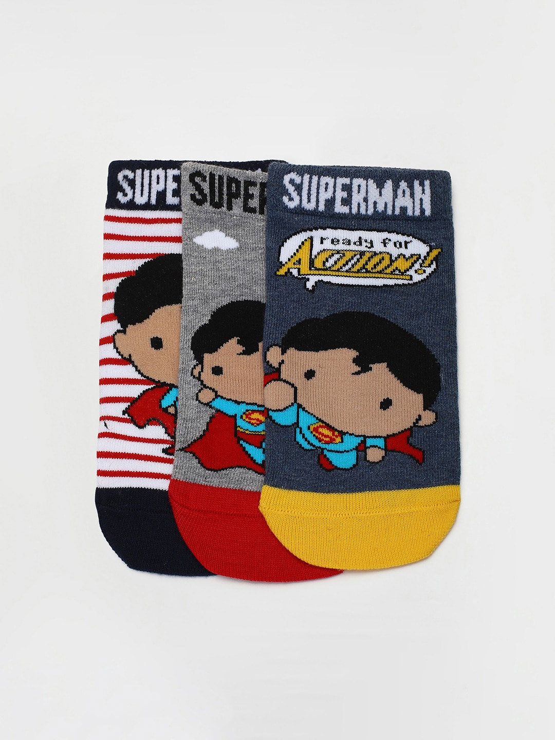 

max Boys Pack Of 3 Superman Patterned Ankle-Length Socks, Grey