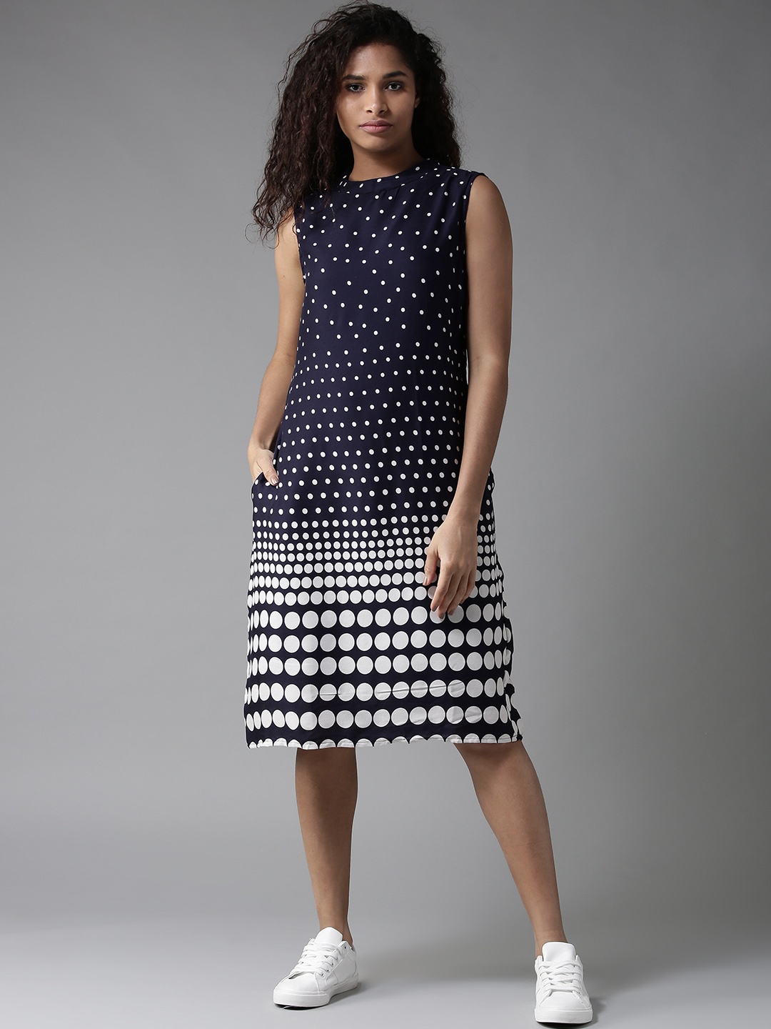 

HERE&NOW Women Navy & White Printed A-Line Dress, Navy blue