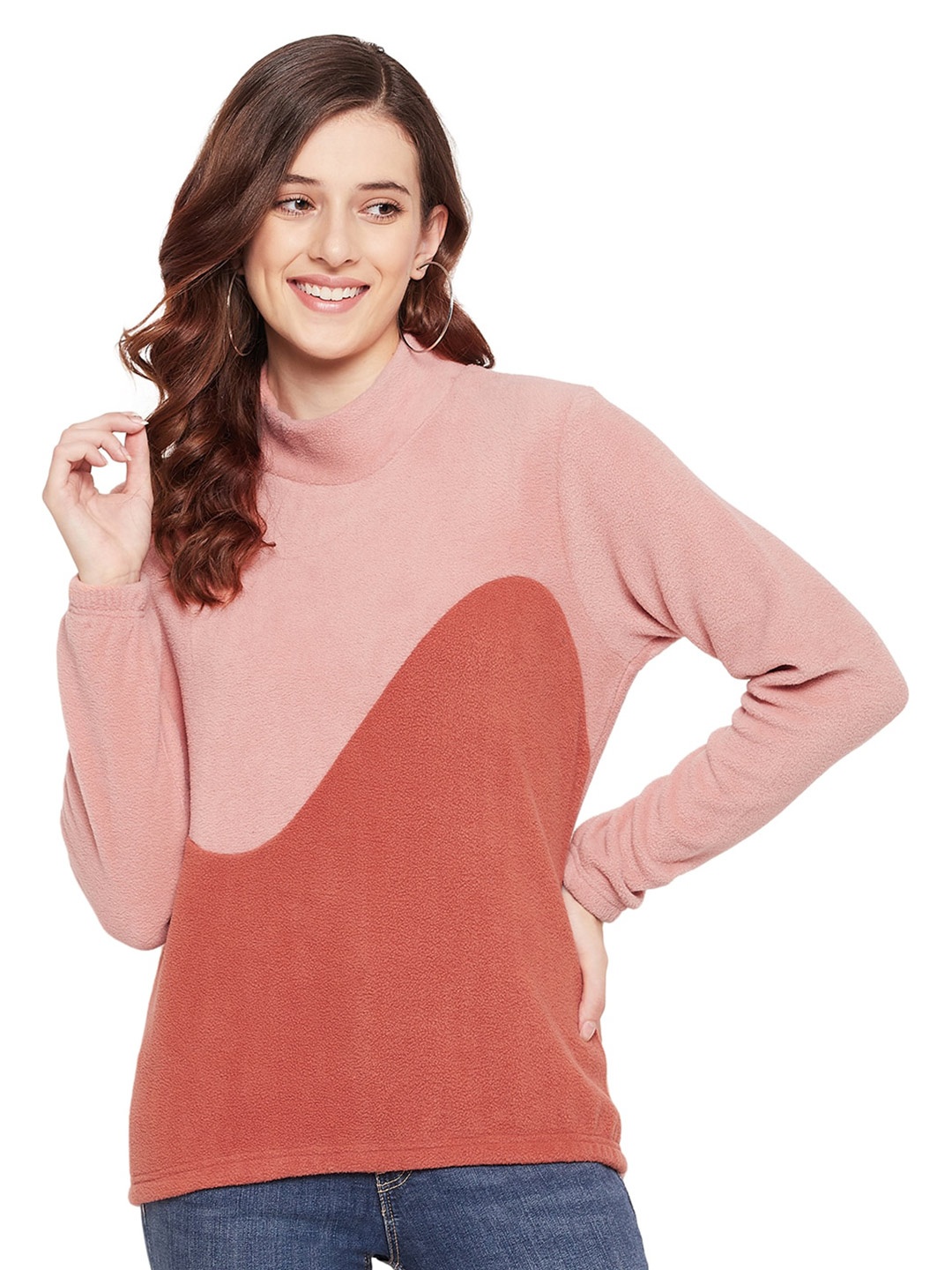 

URKNIT Colourblocked Mock Collar Pullover Sweatshirt, Peach