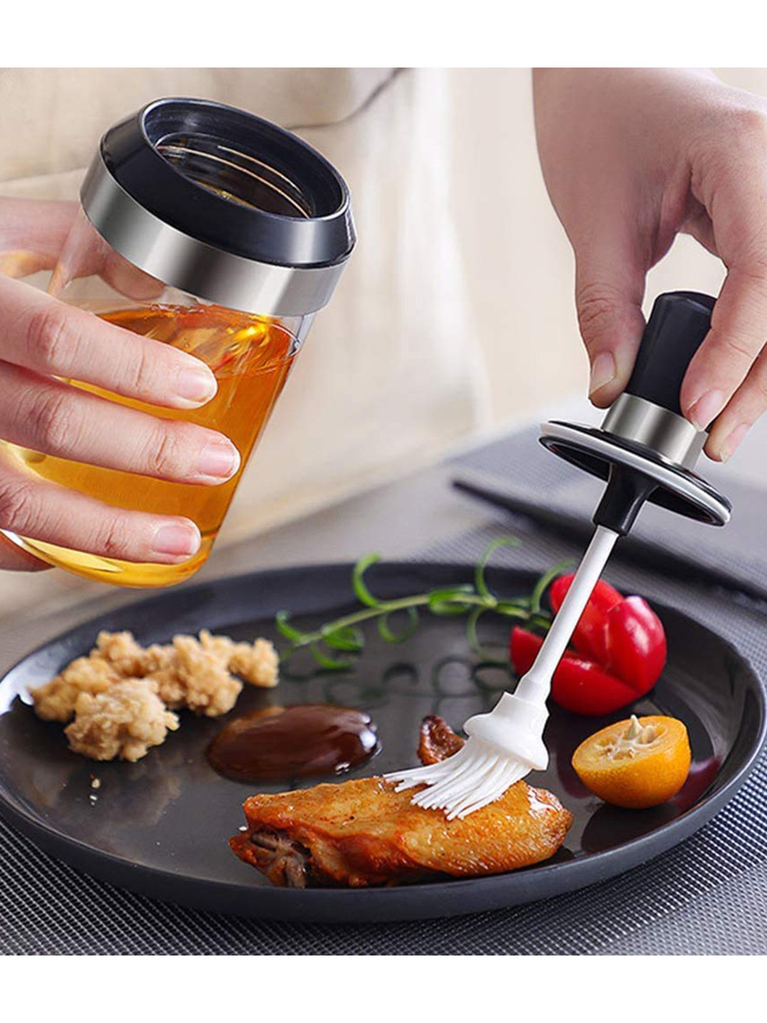 

MARKET99 Transparent 2 Pieces Glass Oil Brush & Spice Spoon Jar 250 ml Each