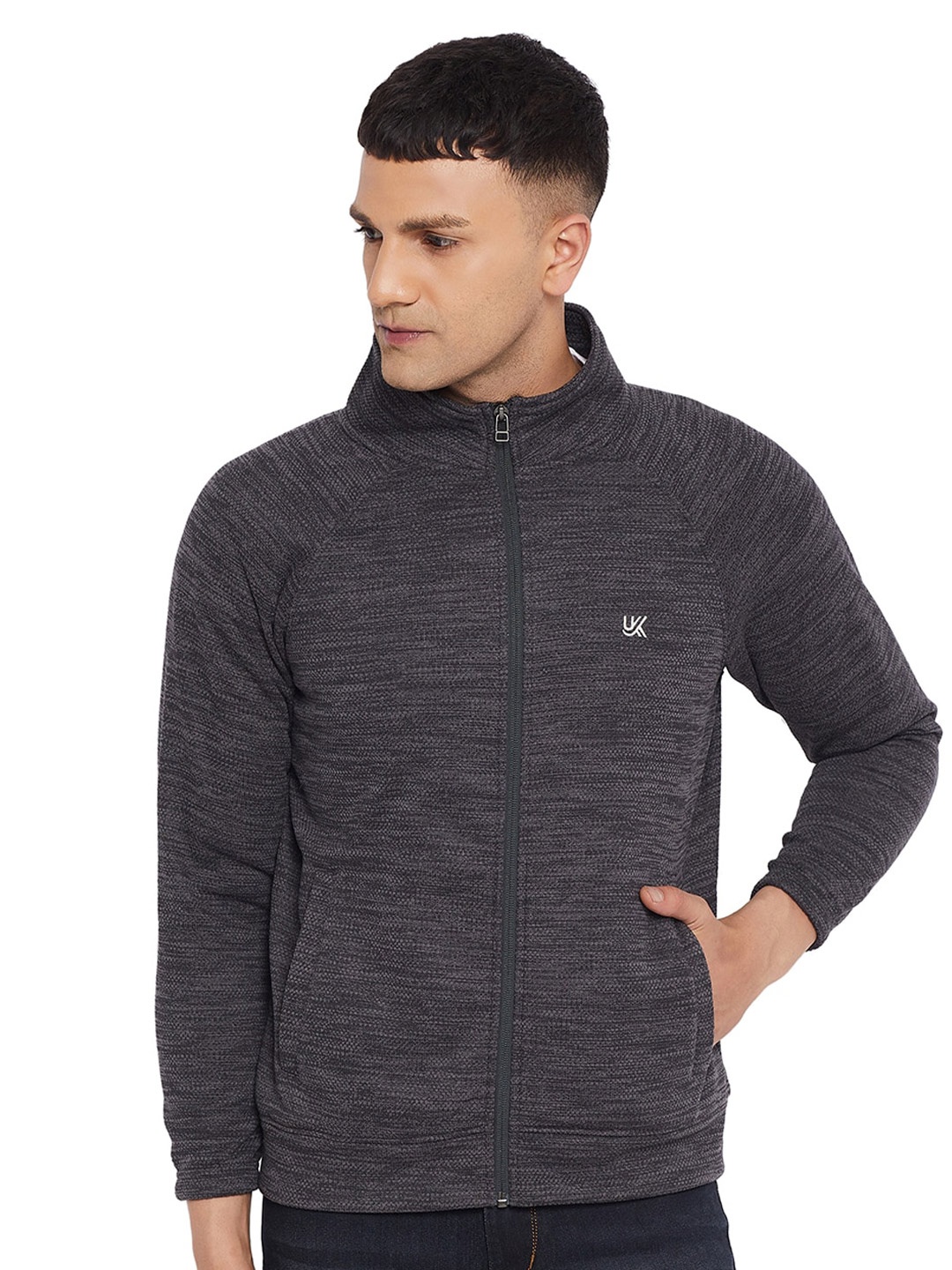 

URKNIT Self Design Mock Collar Front Open Sweatshirt, Grey