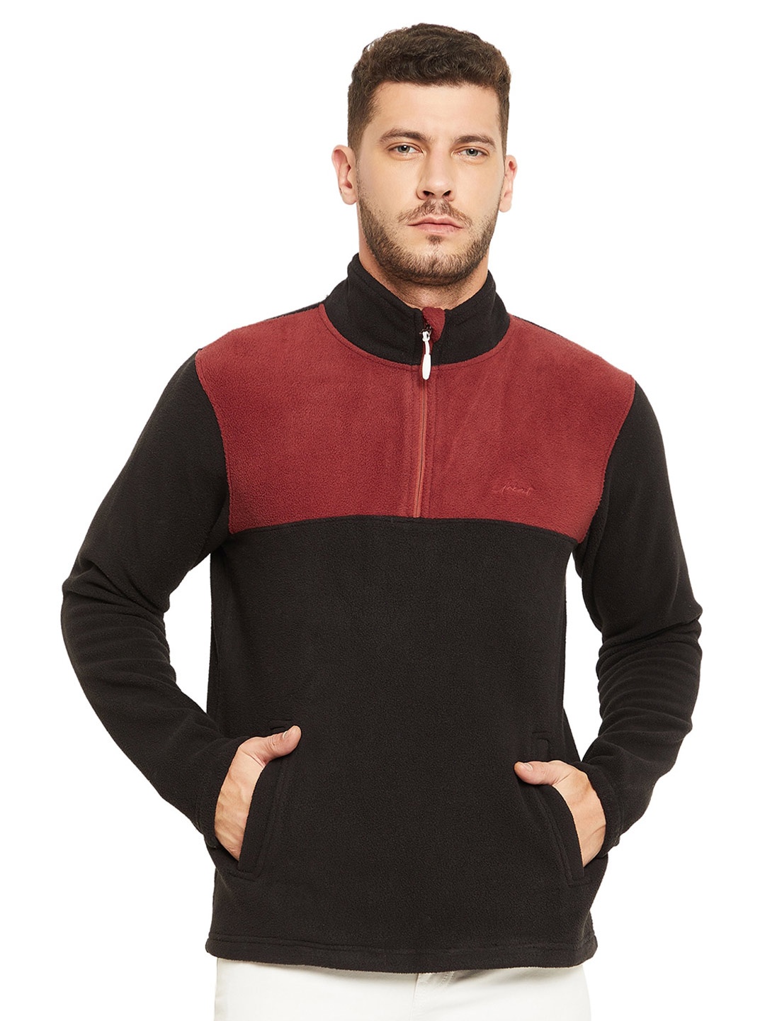 

URKNIT Colourblocked Mock Collar Half Zipper Pullover Sweatshirt, Maroon