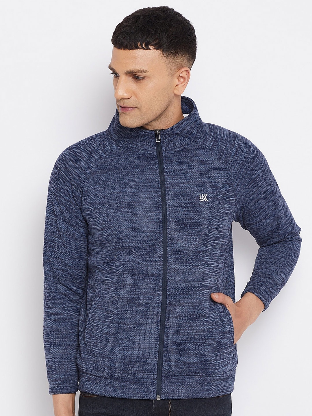 

URKNIT Self Design Mock Collar Front Open Sweatshirt, Blue