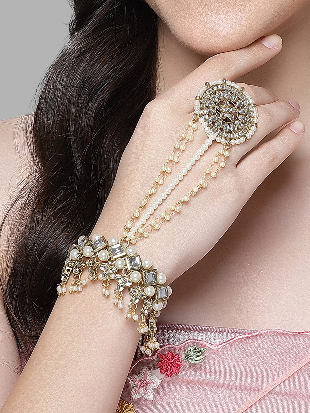 

KARATCART Kundan Gold-Plated Ring Bracelet