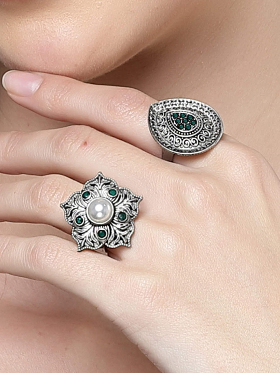 

KARATCART Set Of 2 Silver-Plated Kundan-Studded Oxidised Beaded Adjustable Finger Ring