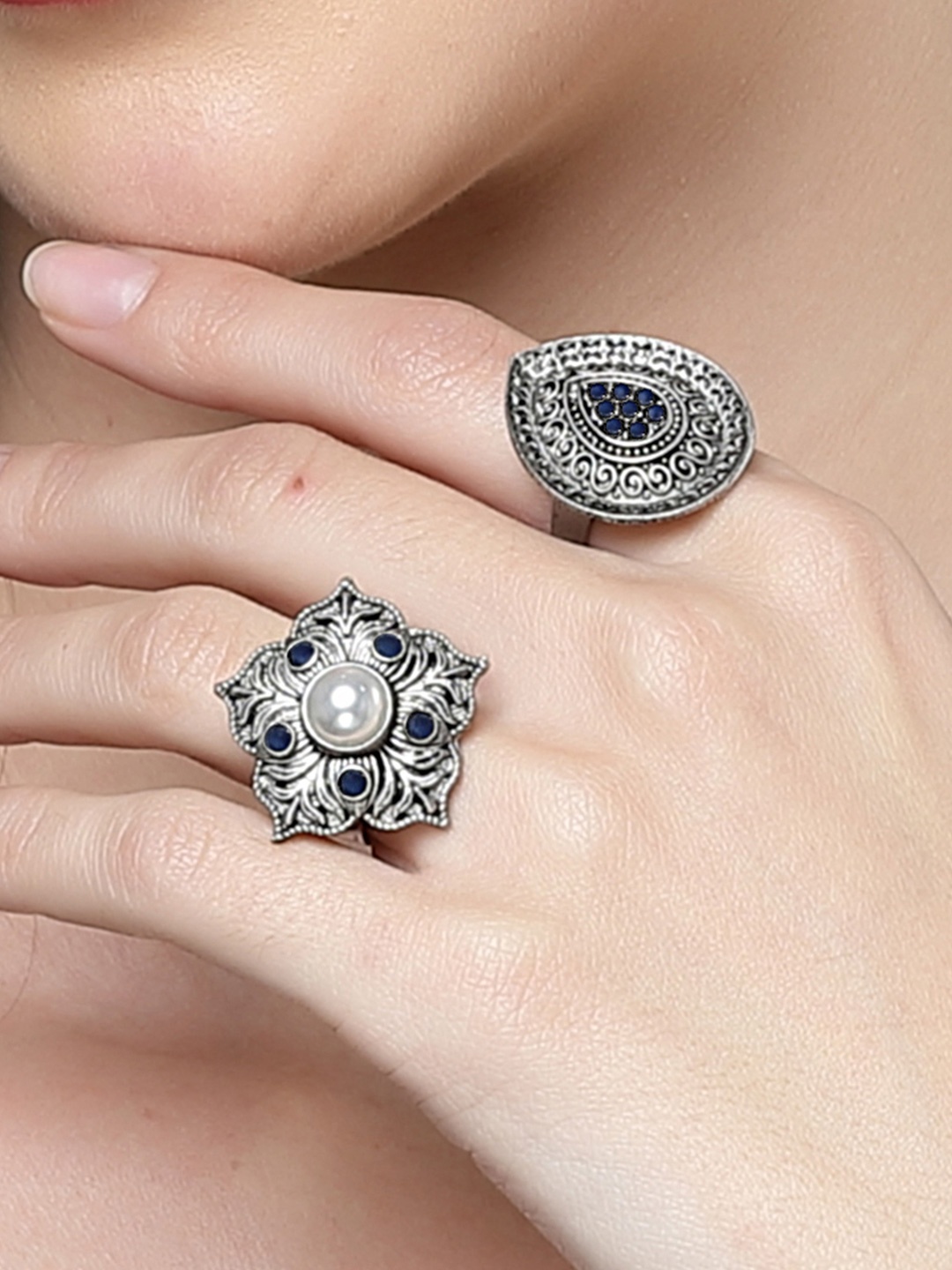 

KARATCART Set Of 2 Silver-Plated Kundan Studded Adjustable Finger Ring