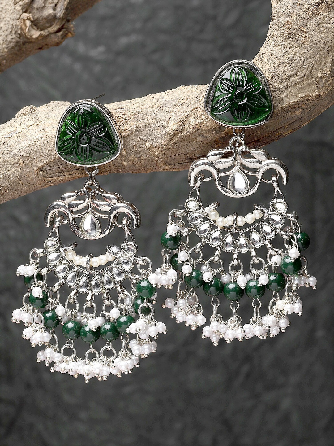 

KARATCART Silver-Plated Stone-Studded Dangler Chandbalis Earrings