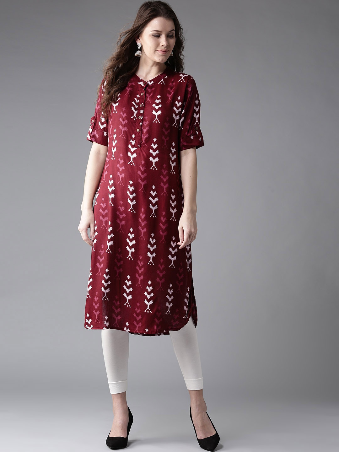 

HERE&NOW Women Burgundy & White Printed Straight Kurta